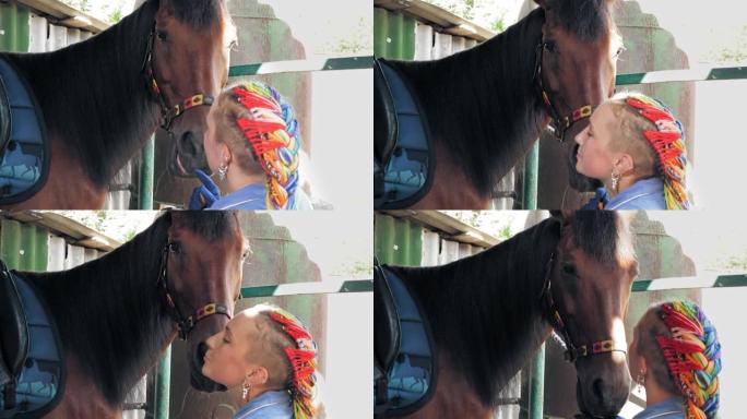 马护理。女骑士和她的马。马亲吻。照顾宠物。马之爱。骑马。赤道