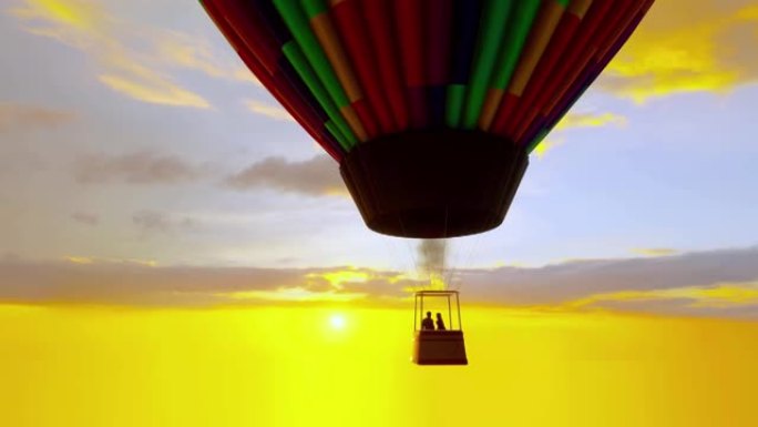 一对夫妇从热气球上观看日落的动画