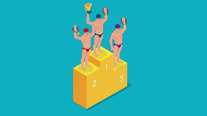 三名游泳运动员站在领奖台上