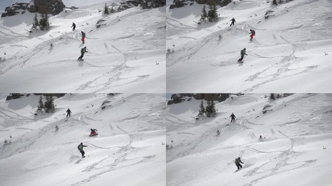 自由滑雪者在越野滑雪中滑雪，从山顶下坡，冬季极限运动，慢动作