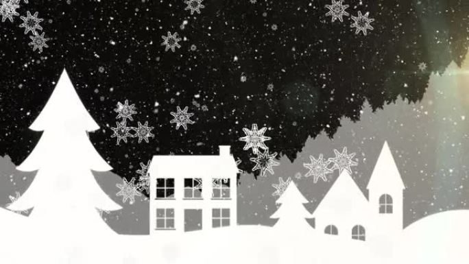 圣诞节雪花在夜间落在建筑物，树木和景观上的动画