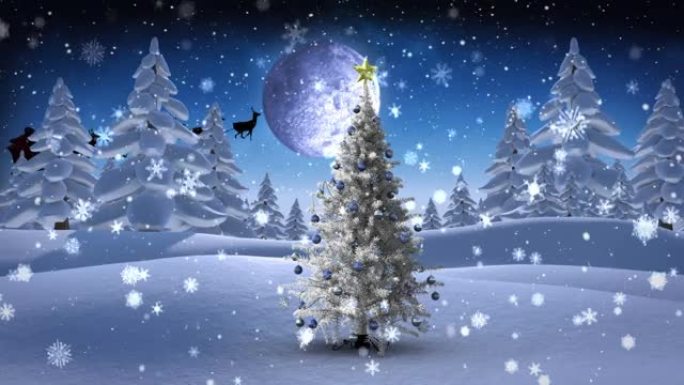 雪花落在夜空中月亮的冬季景观上的圣诞树上