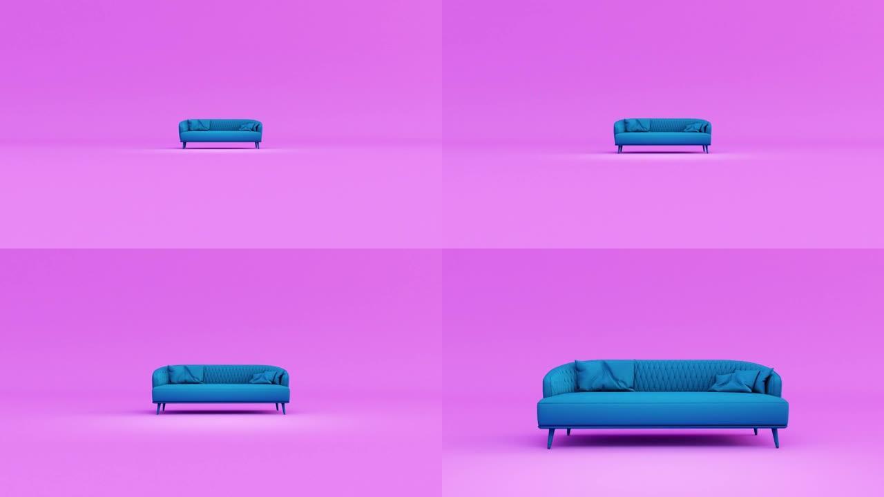 蓝色布艺沙发，枕头孤立在粉红色背景。