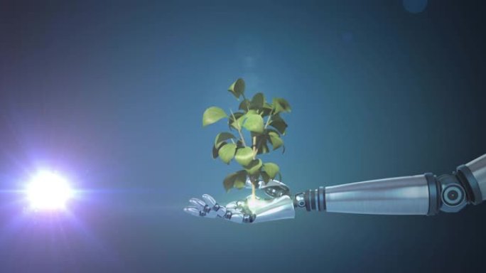扩展机器人手臂手中的植物生长动画，在黑暗背景上移动光线