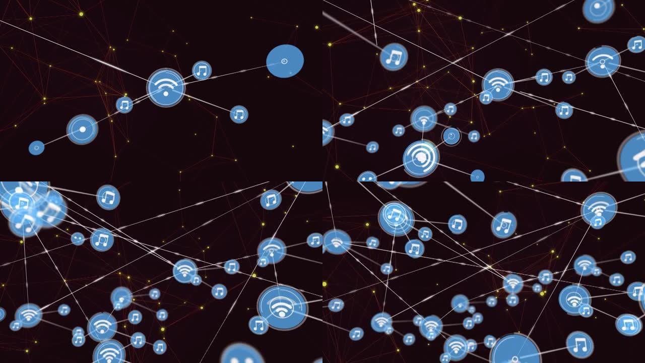 黄色斑点上带有数字图标的连接网络动画