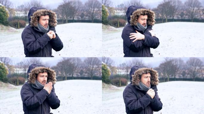 关于一名男子对雪中寒冷寒冷的户外敏感的视频