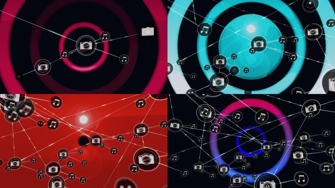 红色霓虹灯圆圈上带有数码相机图标的连接网络动画