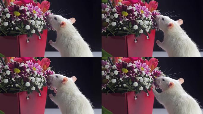 国产白鼠嗅美丽花朵