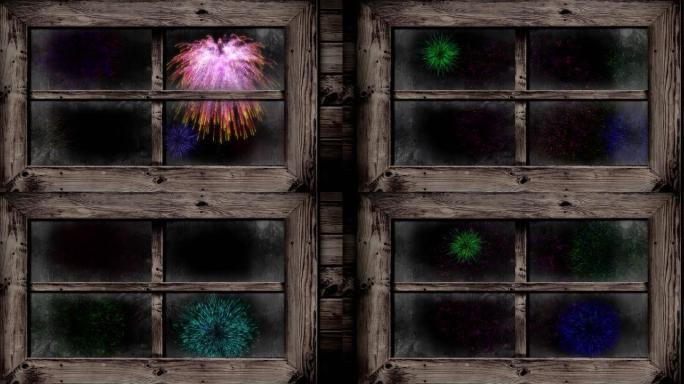 窗户的动画，色彩鲜艳的圣诞节和新年烟花在夜空中爆炸