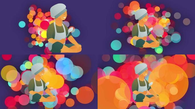 在五颜六色的移动圆圈上，厨师帽子拿着勺子的儿童插图动画