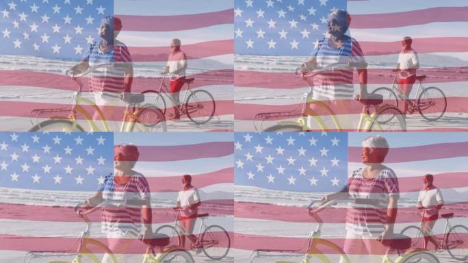 美国国旗的动画在快乐的资深非洲裔美国人夫妇在海滩上