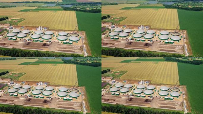 现场沼气厂。生物质可再生能源生产的现代工厂。新农业工厂。鸟瞰图。