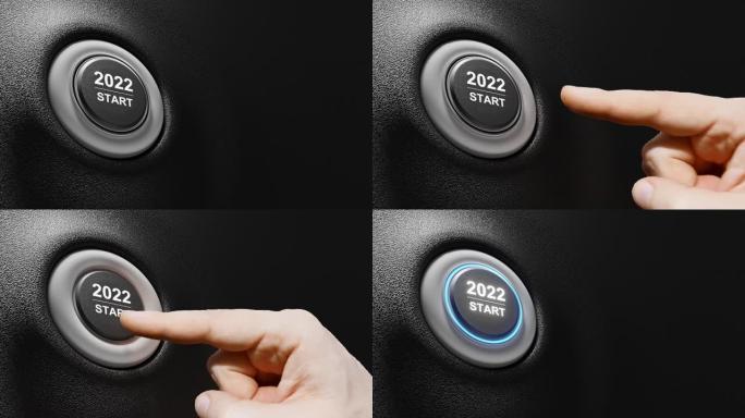 开始2022。新年快乐按钮。3D电影