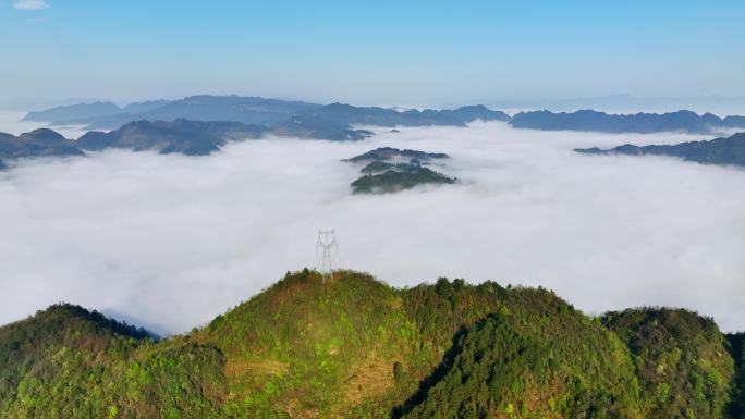 特塔电网高山之巅山川云海壮丽山河