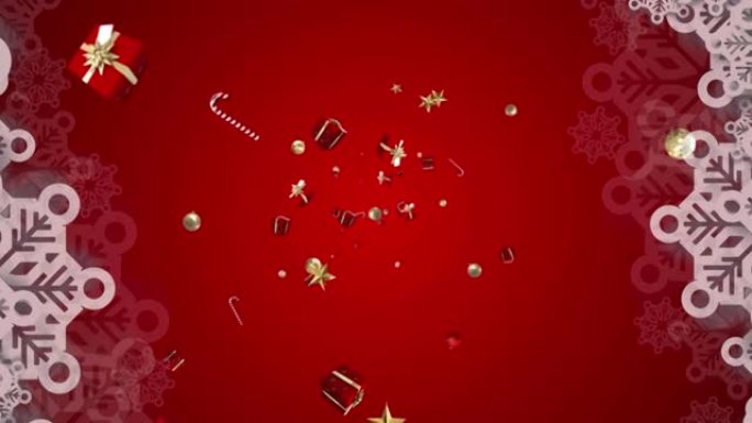 雪花与圣诞糖果手杖，小玩意儿和礼物图标落在红色背景下
