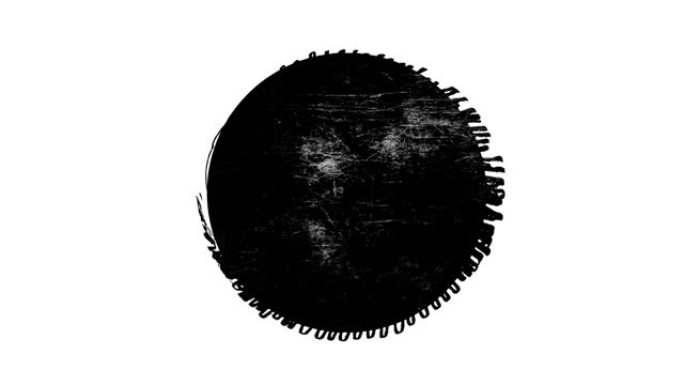白色背景上的抽象垃圾脏单色圆形。时尚复古定格风格中刮擦损坏的动态元素。设计横幅、邮票的无缝循环动画。