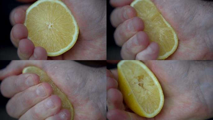 男性的手正在挤压成熟的柠檬来制作柑橘汁，健康的生活方式，果汁
