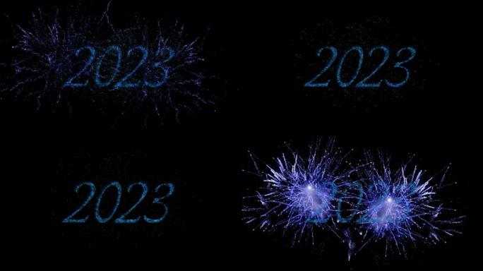 蓝色动画2023年文本，蓝色和白色新年烟花在夜空中爆炸