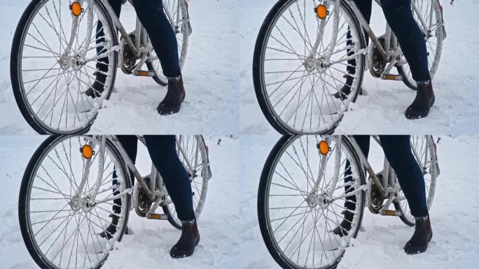 在寒冷的冬日，在意外的大雪中，坐在城市自行车上的女人