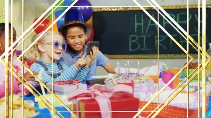 在生日聚会上使用智能手机对不同儿童的金色造型动画