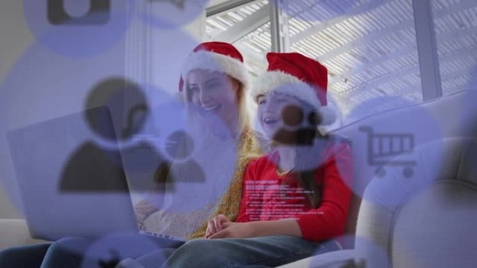 圣诞节在高加索母女身上的在线购物手推车图标动画