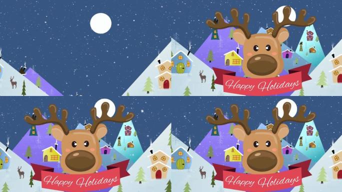 节日快乐的动画文本与驯鹿在圣诞节的降雪和冬季景观