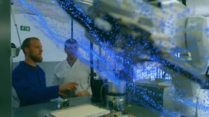 带有机器人和平板电脑的男性科学家的蓝色发光网格动画