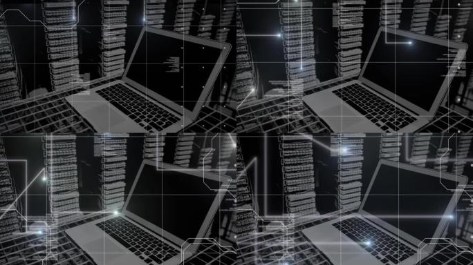 在服务器机房上使用笔记本电脑进行数据处理和灯光跟踪的动画