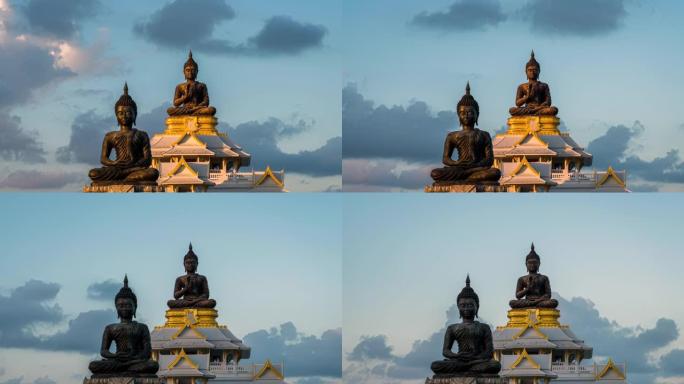 泰国宋卡府Phutthamonthon区Bhudda雕像的延时日落风景移动云