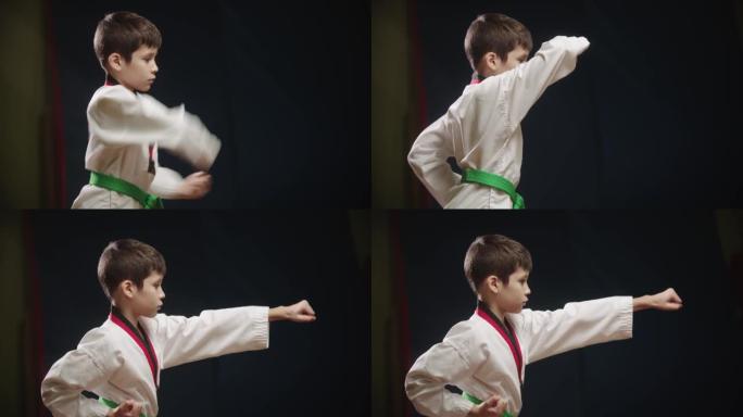 一个做跆拳道的小男孩-用手臂展示动作