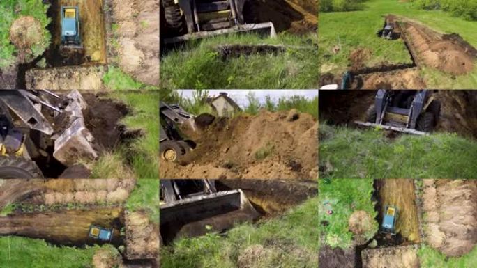 拼贴3x3挖掘机用绿草在田间挖土