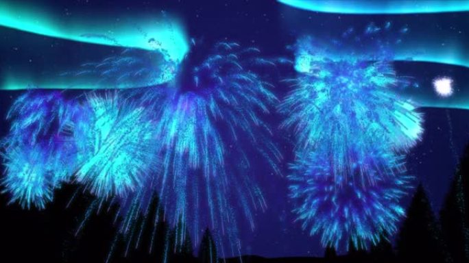 蓝色灯光的动画，蓝色的圣诞节和新年烟花在夜空中爆炸