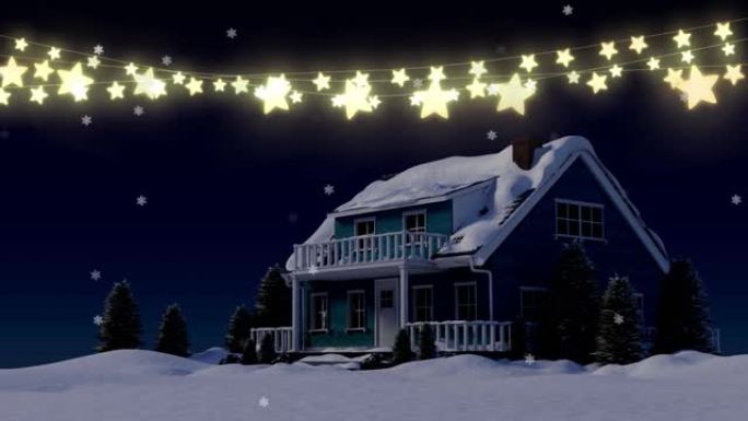 飘雪动画和圣诞明星串灯在积雪覆盖的房子上