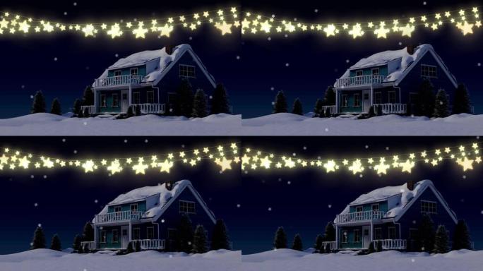 飘雪动画和圣诞明星串灯在积雪覆盖的房子上