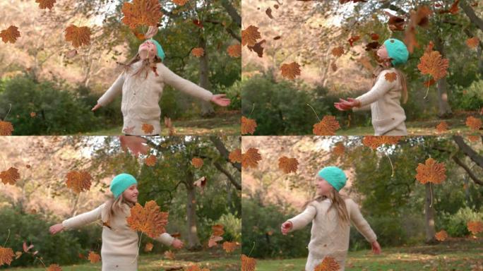 秋叶的动画落在公园里快乐的高加索女人身上