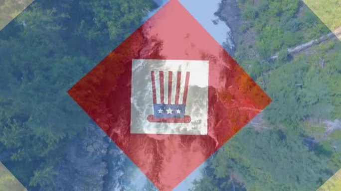 动画方块在红，白，蓝和美国国旗帽子在森林和海洋