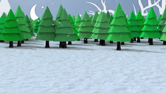 冬季风景中雪落在杉树上的动画