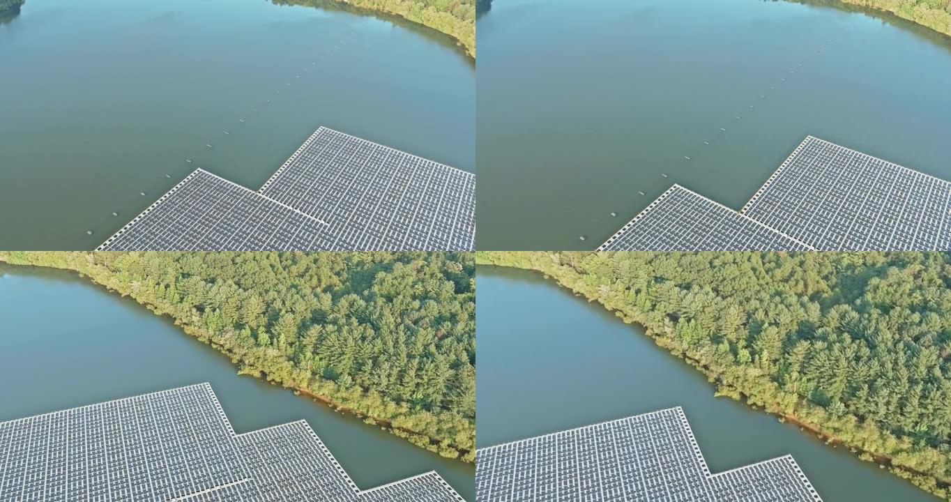 湖上浮动太阳能电池板平台系统的鸟瞰图