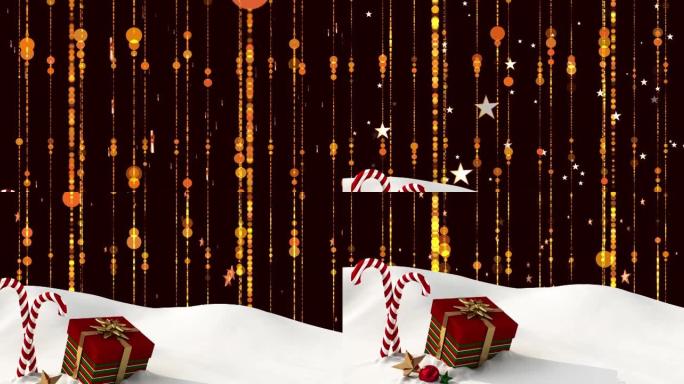 礼物和圣诞节糖果的动画躺在雪地上，金色的灯光落在背景中