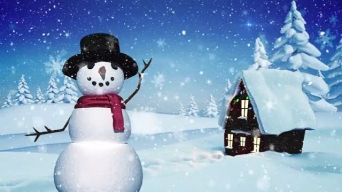 雪人在冬季风景下的动画