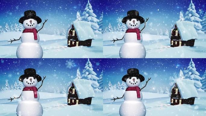 雪人在冬季风景下的动画