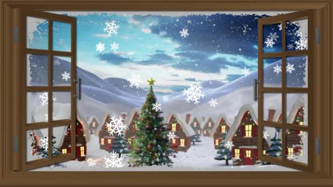 带有圣诞树的冬天的雪花飘落的动画