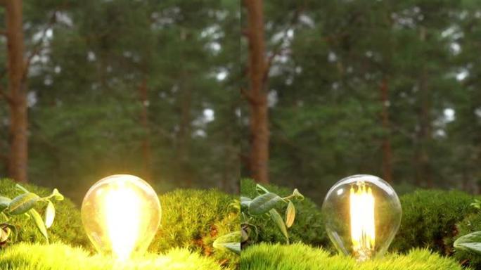 节能灯泡在北方森林中点亮