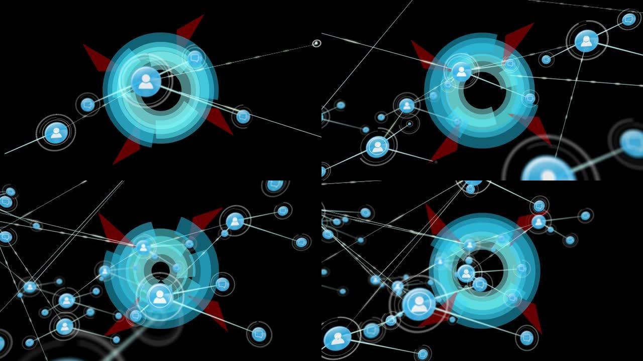 黑色背景上的图标扫描范围内的连接网络动画