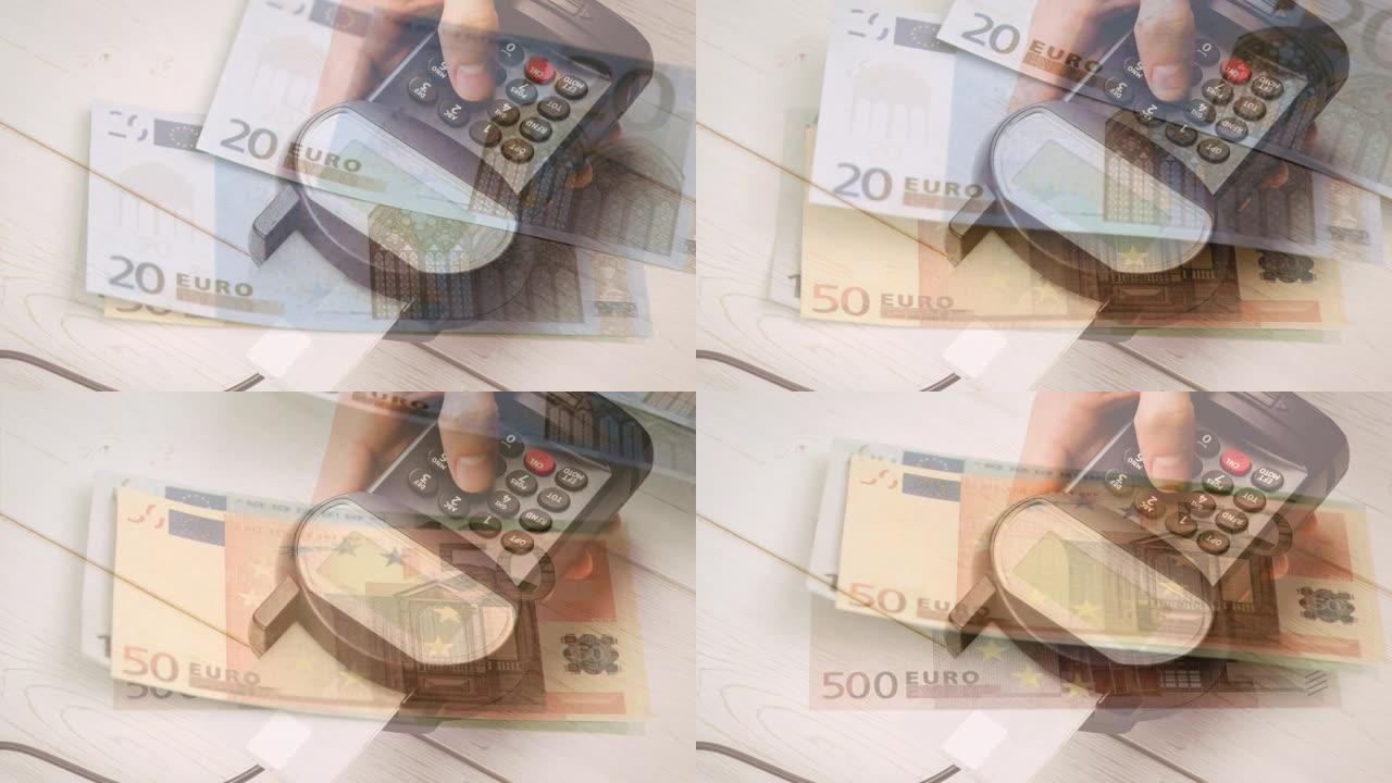 欧元纸币掉落的动画高加索人手持支付终端