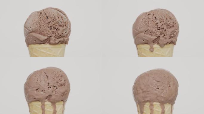 特写，巧克力冰淇淋融化。