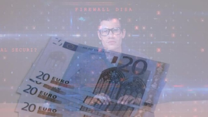 数字变化的动画，黑客和欧元钞票上的病毒警报
