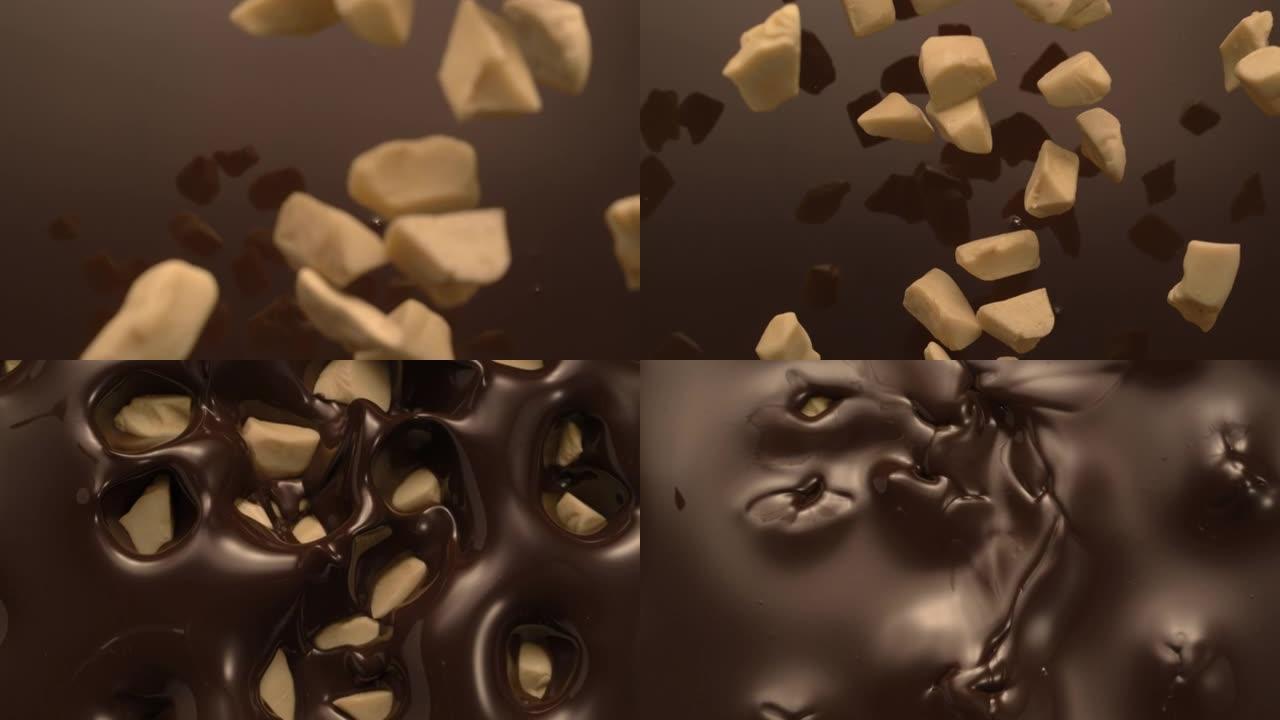 白色巧克力片溅到液体黑巧克力中