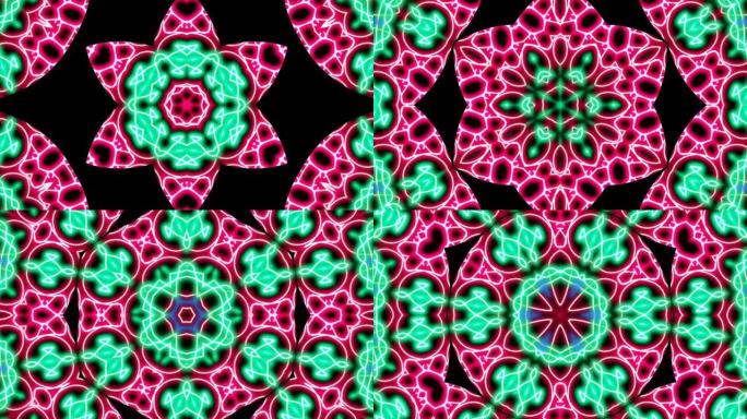镜头停止运动动画图形插图曼陀罗背景几何万花筒形状抽象霓虹灯混合镜子涂鸦全彩
