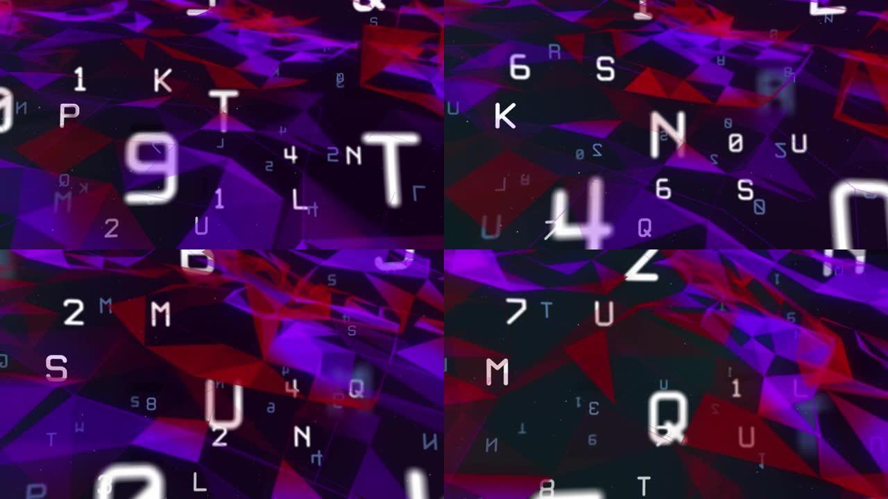 在黑色背景上更改数字和字母以及移动红色和紫色形状的动画